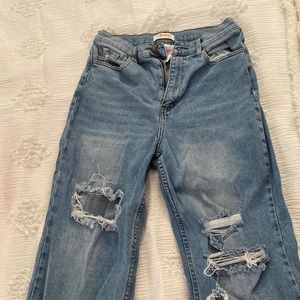High rise distressed bootcut jeans